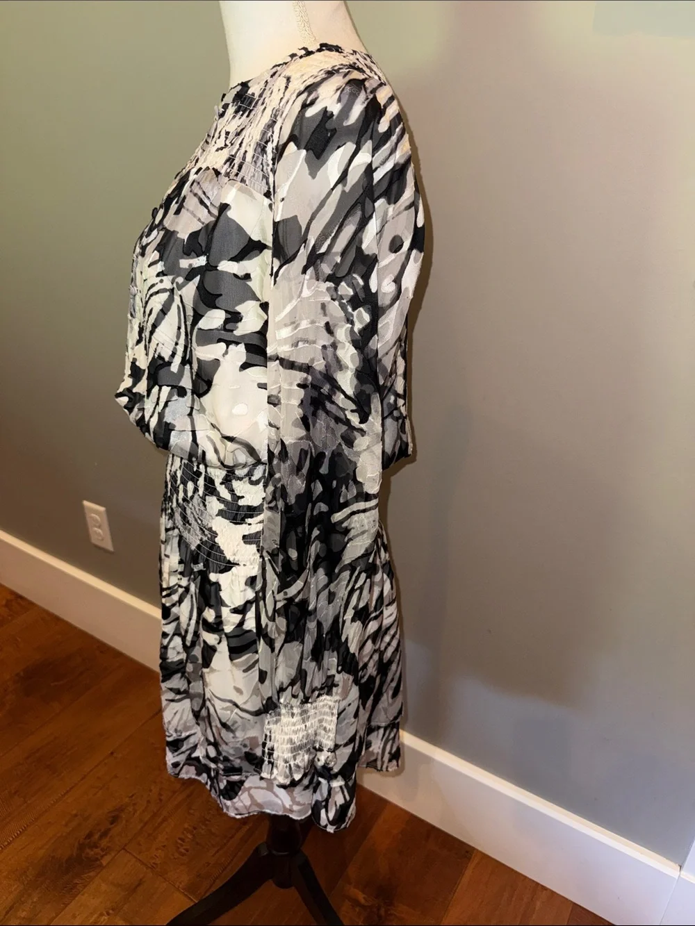 White House black market Women's Black & White Smocked Waist Long-Sleeve Dress